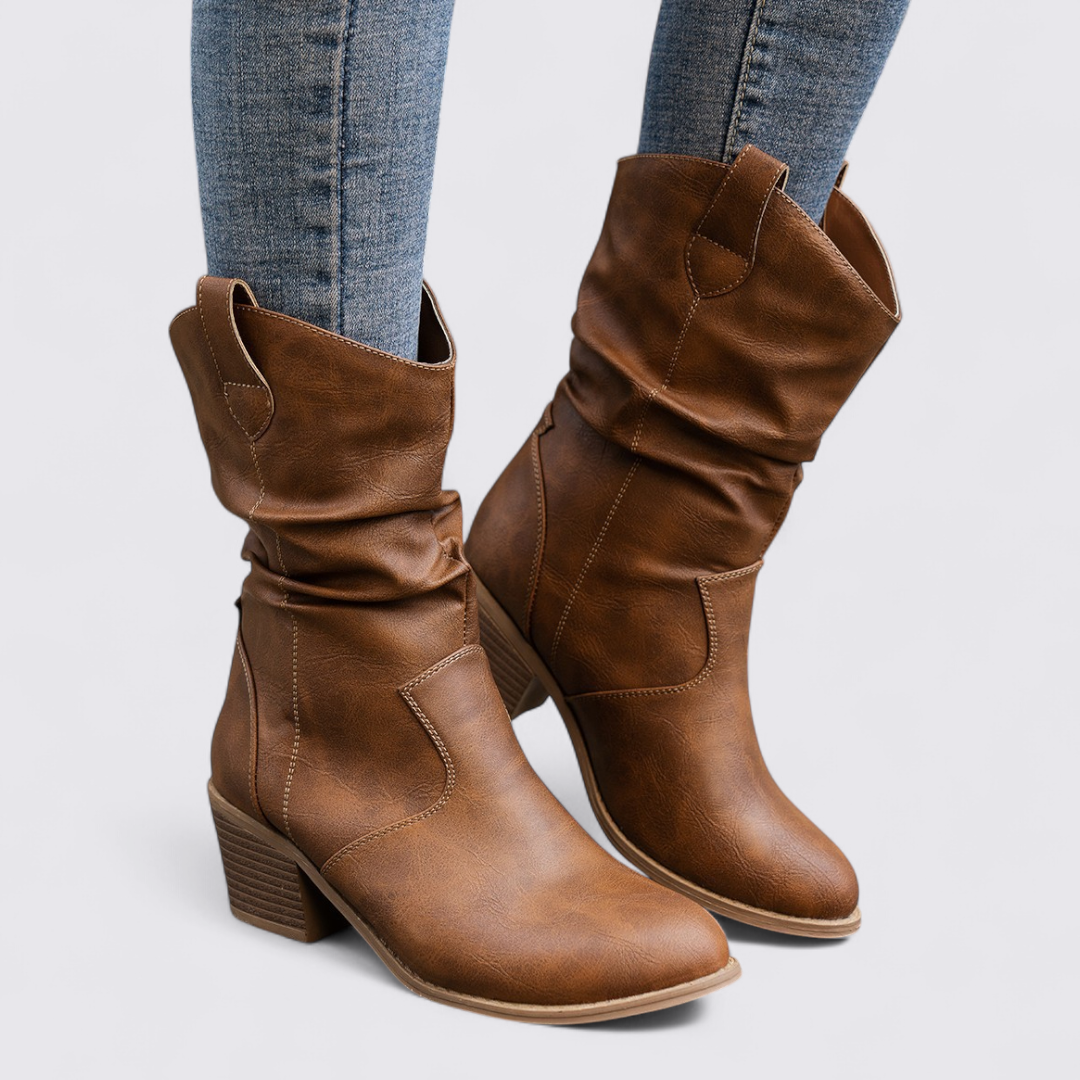 Damen Stiefel mit Blockabsatz – Mittelhoch – Lockerer Schaft