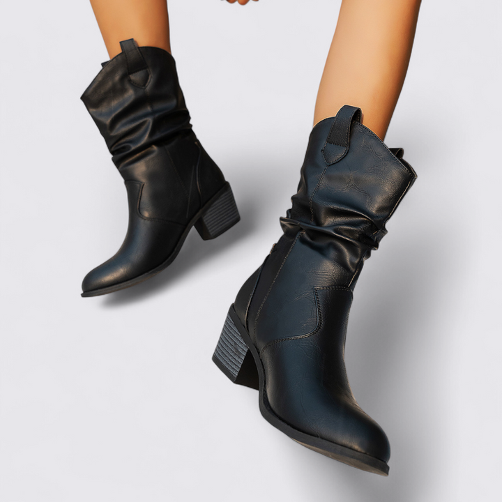 Damen Stiefel mit Blockabsatz – Mittelhoch – Lockerer Schaft