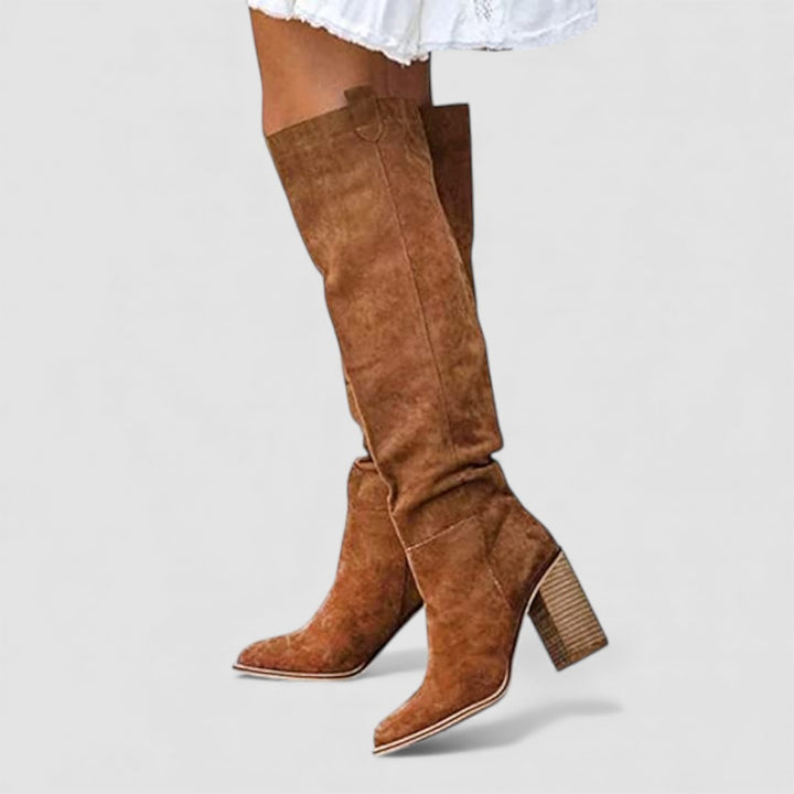 Damen Stiefel mit Blockabsatz - Overknee Stiefel - Spitze Form