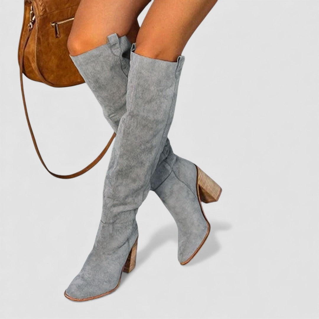 Damen Stiefel mit Blockabsatz - Overknee Stiefel - Spitze Form