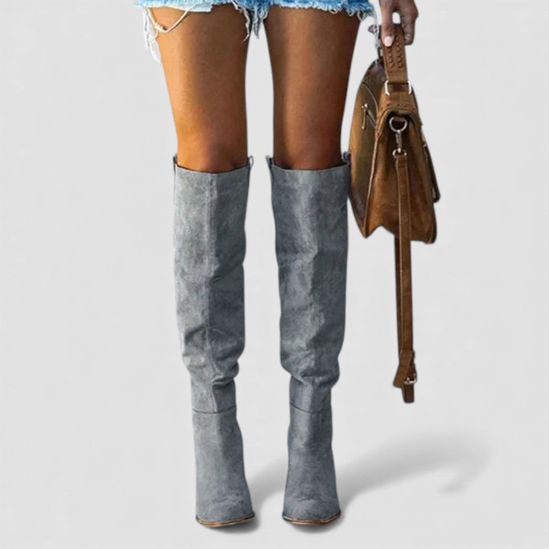 Damen Stiefel mit Blockabsatz - Overknee Stiefel - Spitze Form