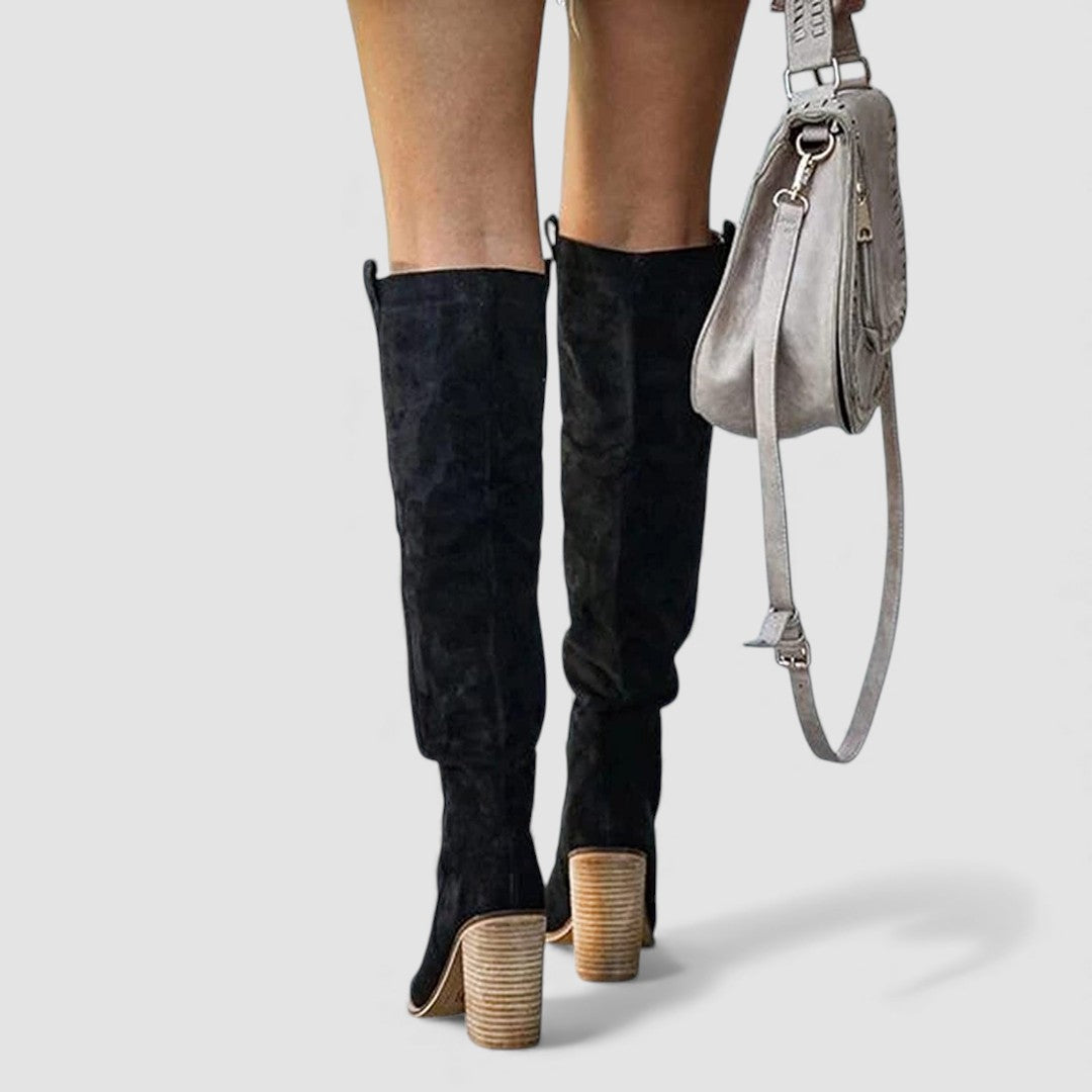 Damen Stiefel mit Blockabsatz - Overknee Stiefel - Spitze Form