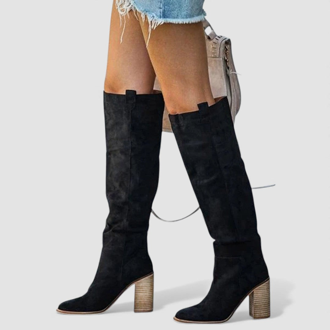Damen Stiefel mit Blockabsatz - Overknee Stiefel - Spitze Form