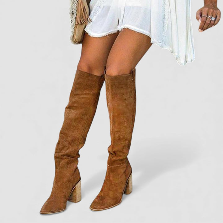 Damen Stiefel mit Blockabsatz - Overknee Stiefel - Spitze Form