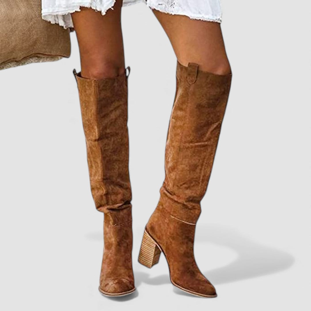 Damen Stiefel mit Blockabsatz - Overknee Stiefel - Spitze Form