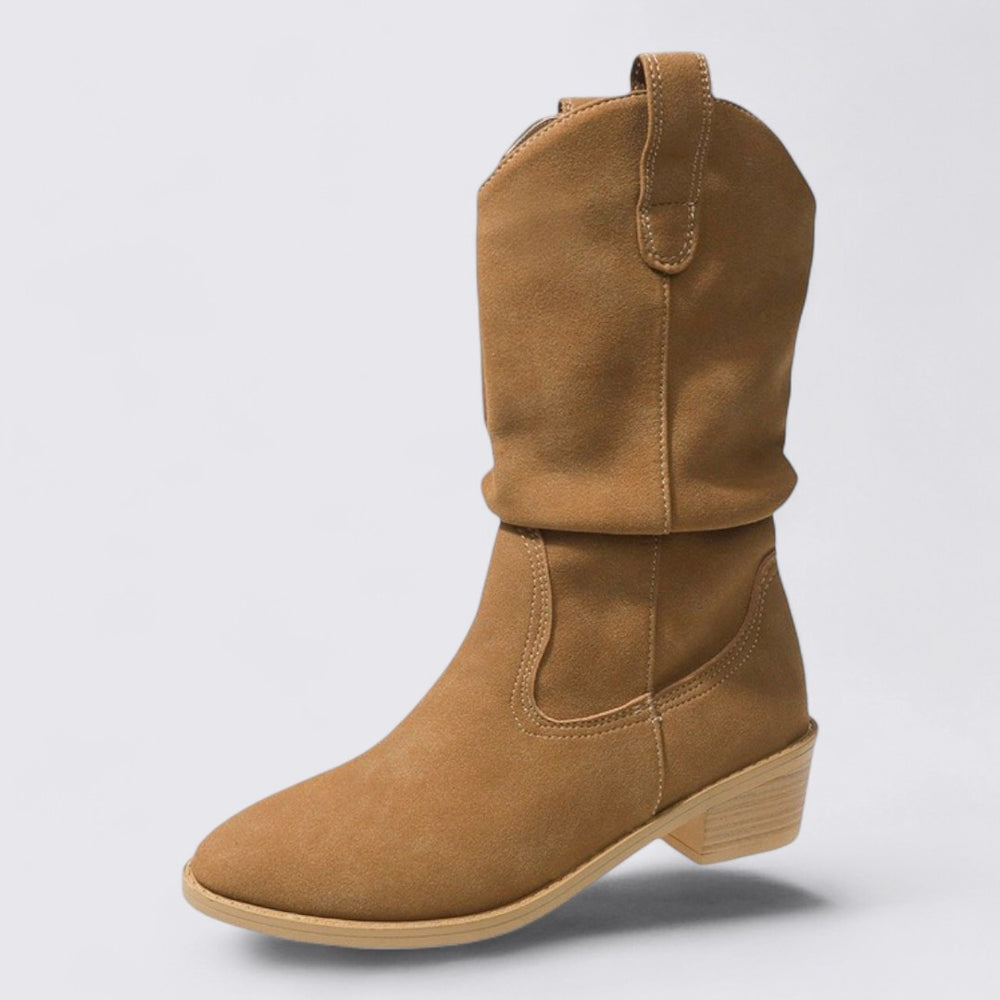 Damen Stiefel mit Blockabsatz – Western Stiefel – Weiter Schaft