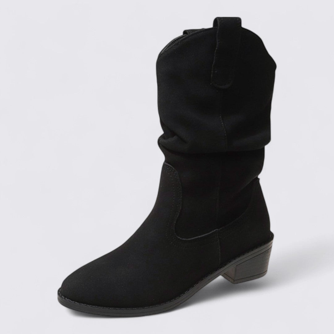 Damen Stiefel mit Blockabsatz – Western Stiefel – Weiter Schaft