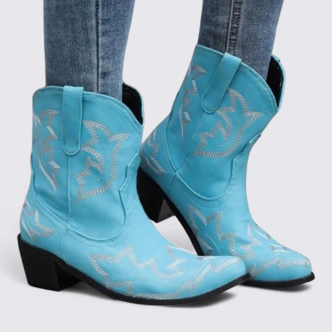 Damen Stiefel mit Blockabsatz – Western Stiefel – Weiter Schaft