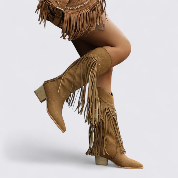 Damen Stiefel mit Fransen – Kniehoch – Western Stil