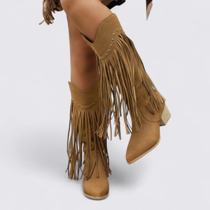 Damen Stiefel mit Fransen – Kniehoch – Western Stil