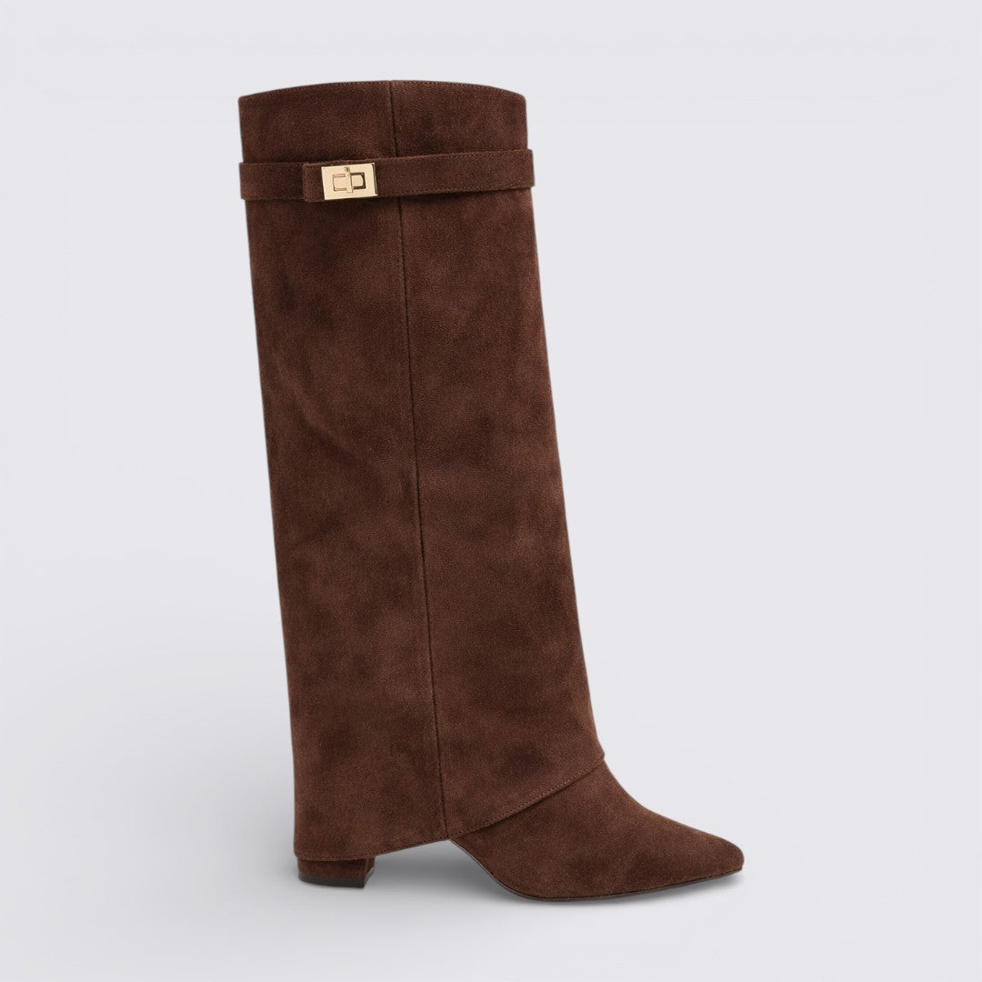 Damen Stiefel mit Schnallenriemen - Kniehohe Stiefel - Suede Shark Boots