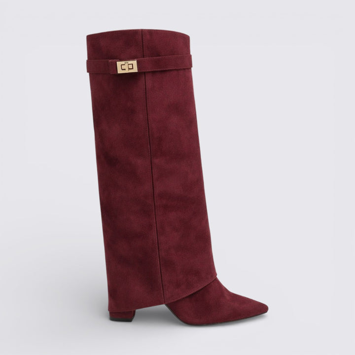 Damen Stiefel mit Schnallenriemen - Kniehohe Stiefel - Suede Shark Boots