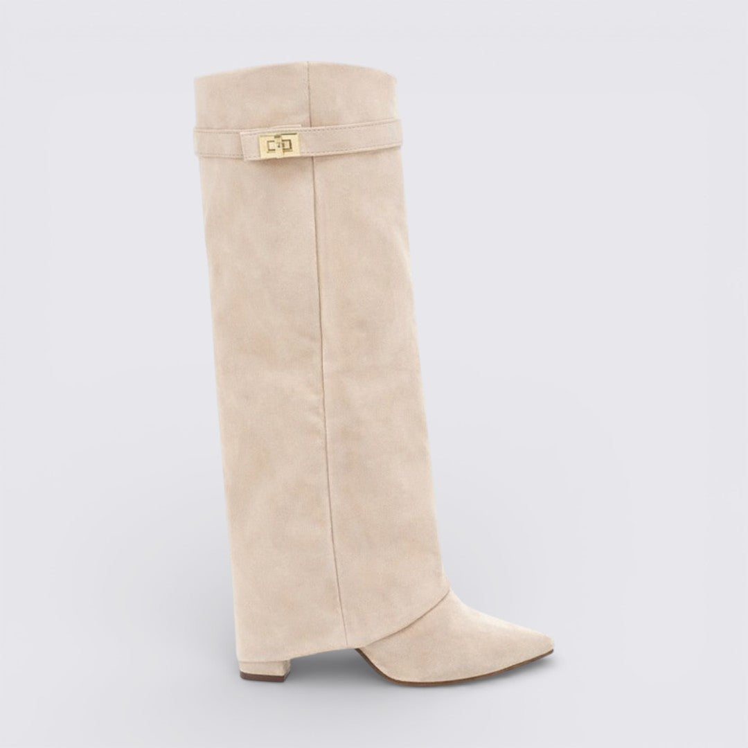 Damen Stiefel mit Schnallenriemen - Kniehohe Stiefel - Suede Shark Boots