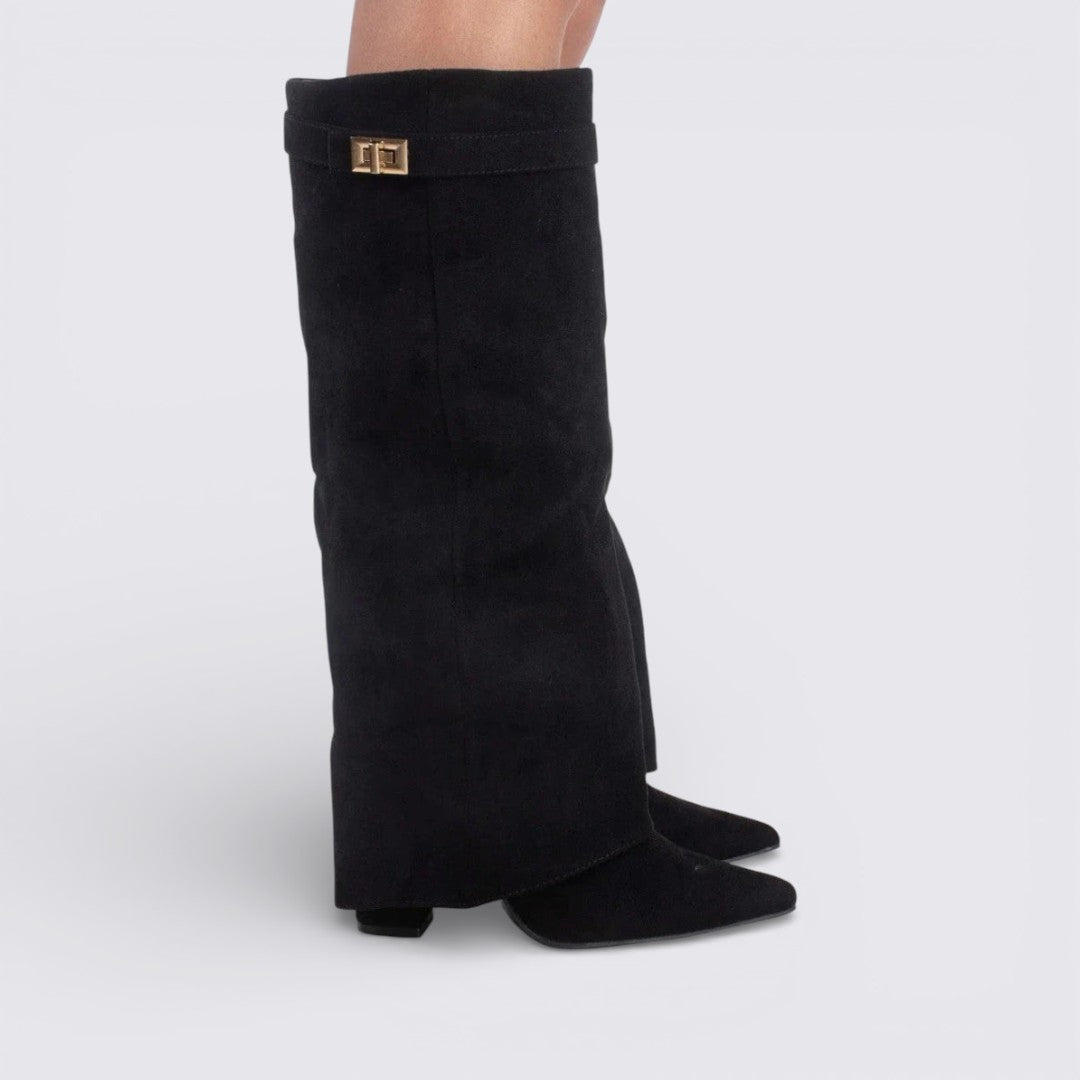 Damen Stiefel mit Schnallenriemen - Kniehohe Stiefel - Suede Shark Boots