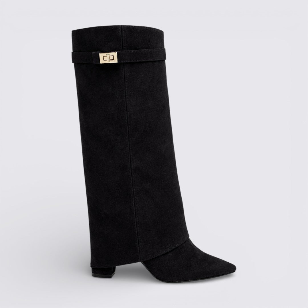 Damen Stiefel mit Schnallenriemen - Kniehohe Stiefel - Suede Shark Boots