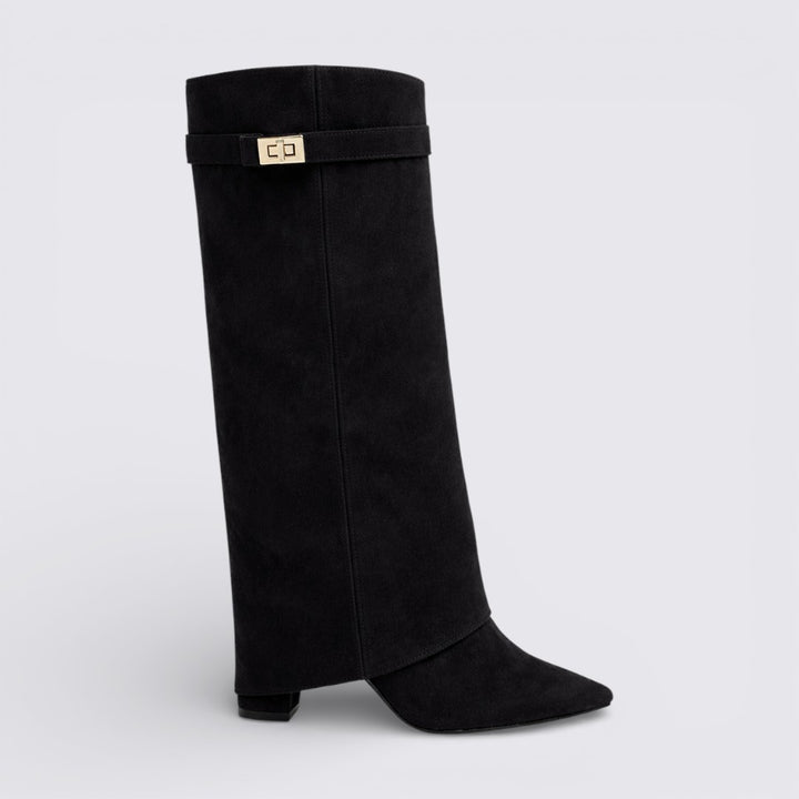 Damen Stiefel mit Schnallenriemen - Kniehohe Stiefel - Suede Shark Boots