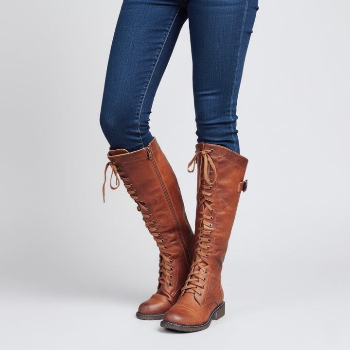 Damen Stiefel mit Schnürung - Kniehohe Stiefel - Schnürstiefel