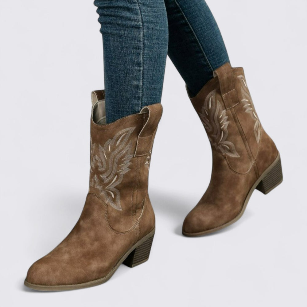 Damen Stiefel mit Stickerei – Blockabsatz – Mittelhoher Schaft