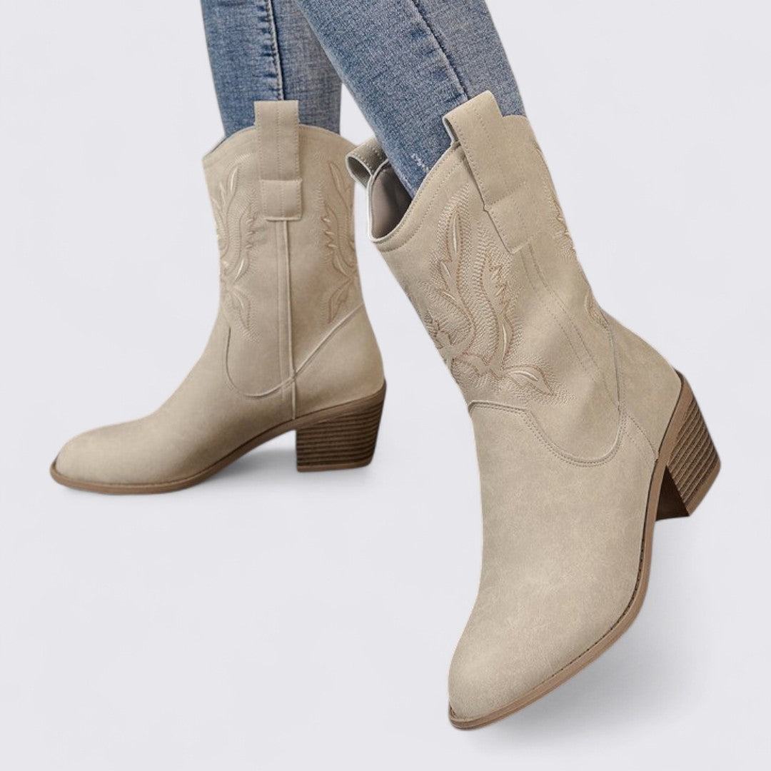 Damen Stiefel mit Stickerei – Blockabsatz – Mittelhoher Schaft
