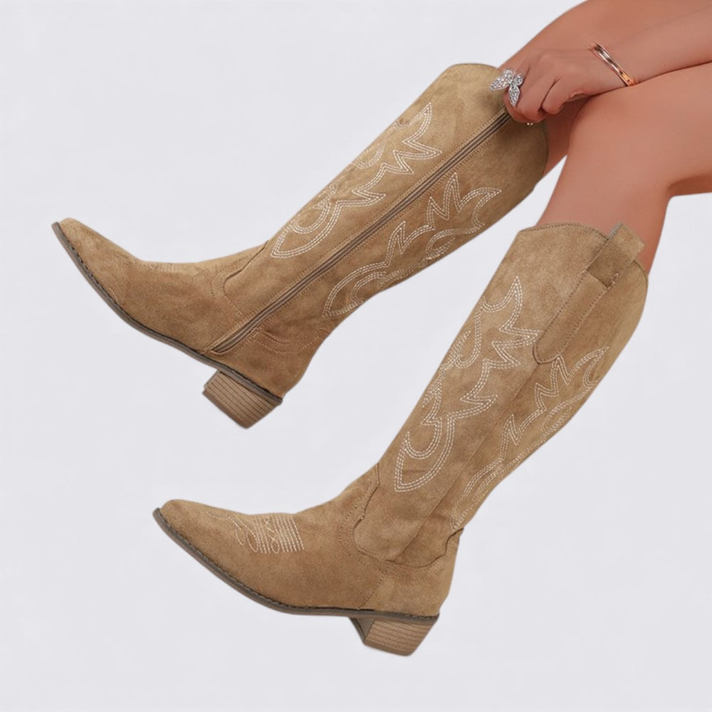 Damen Stiefel mit Stickerei – Kniehohe Stiefel – Blockabsatz