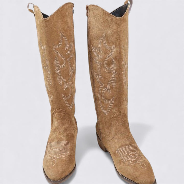 Damen Stiefel mit Stickerei – Kniehohe Stiefel – Blockabsatz