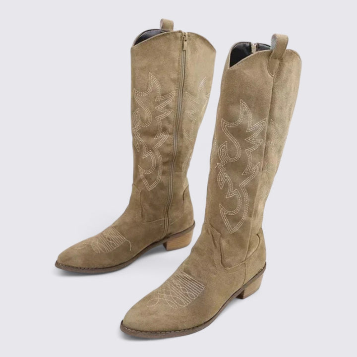 Damen Stiefel mit Stickerei – Kniehohe Stiefel – Blockabsatz