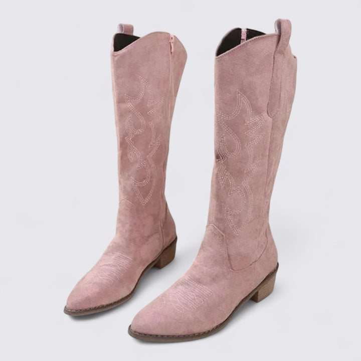 Damen Stiefel mit Stickerei – Kniehohe Stiefel – Blockabsatz