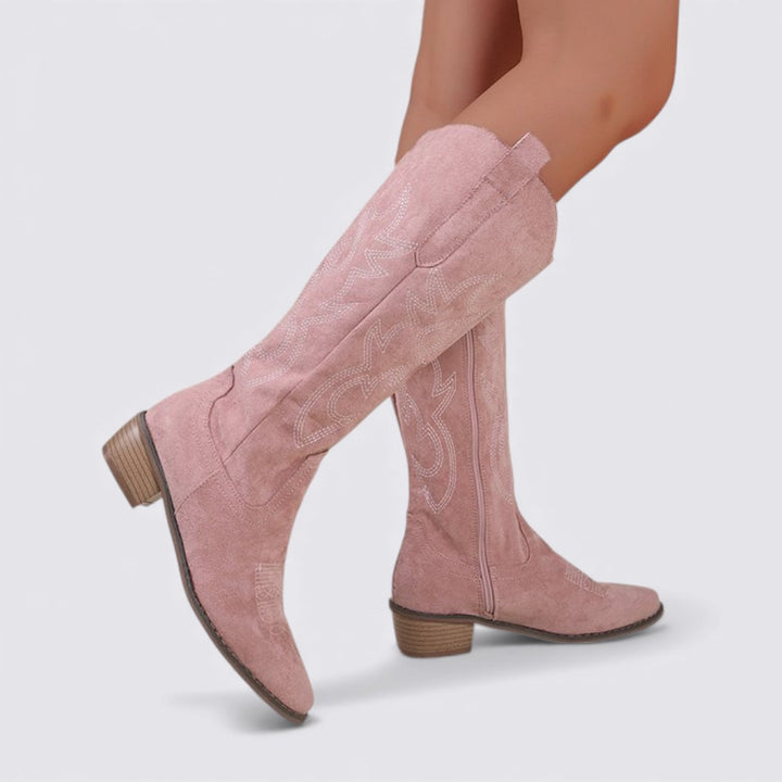 Damen Stiefel mit Stickerei – Kniehohe Stiefel – Blockabsatz