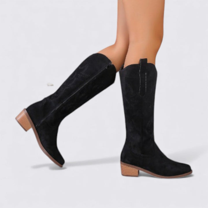 Damen Stiefel mit Stickerei – Kniehohe Stiefel – Blockabsatz