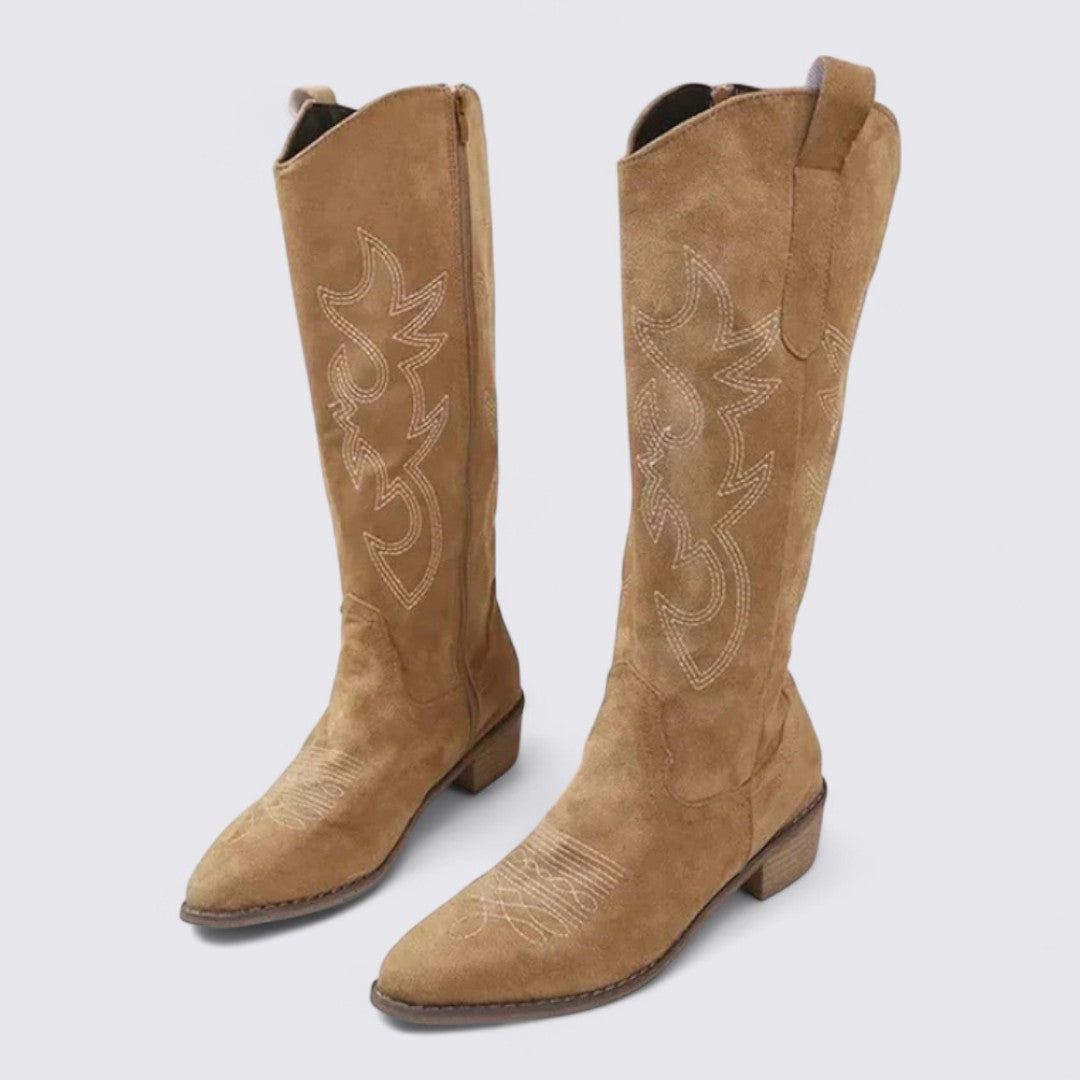 Damen Stiefel mit Stickerei – Kniehohe Stiefel – Blockabsatz