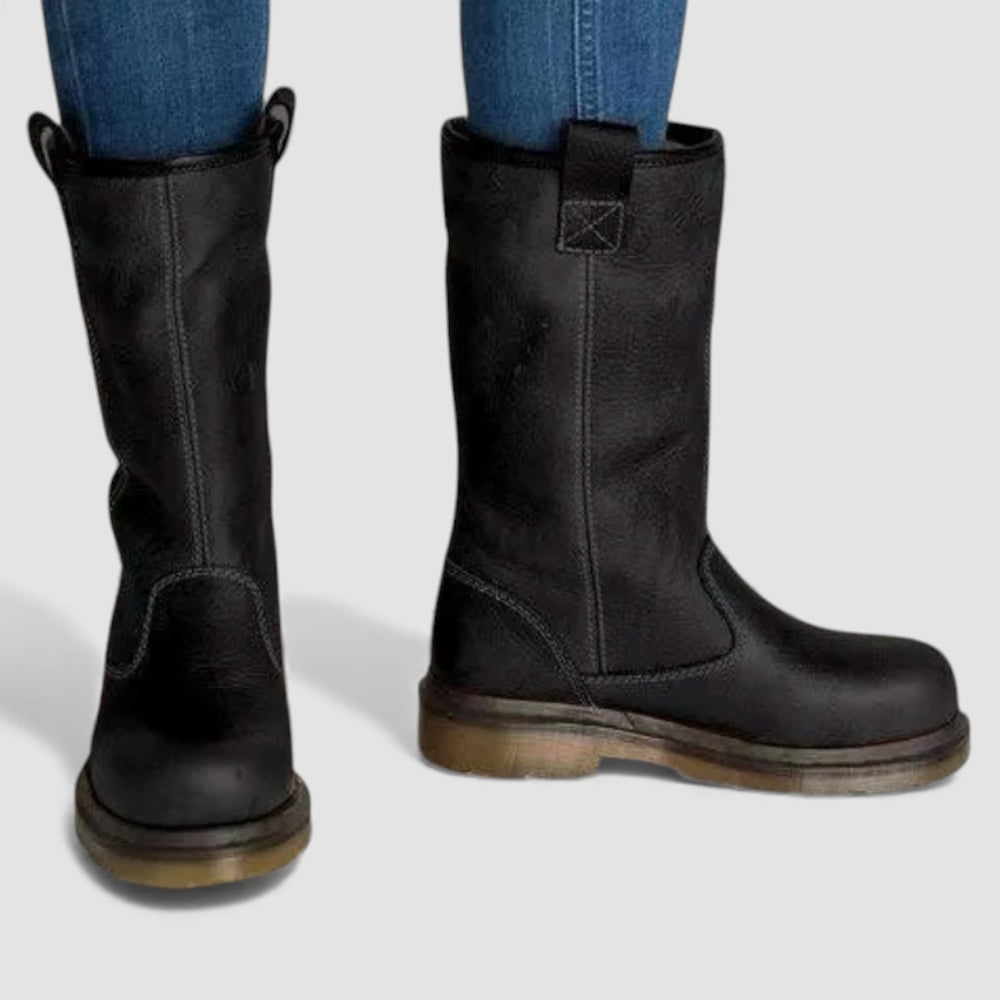 Damen Stiefel mit Zuglasche - Profilsohle Stiefel - Mittelhoher Schaft