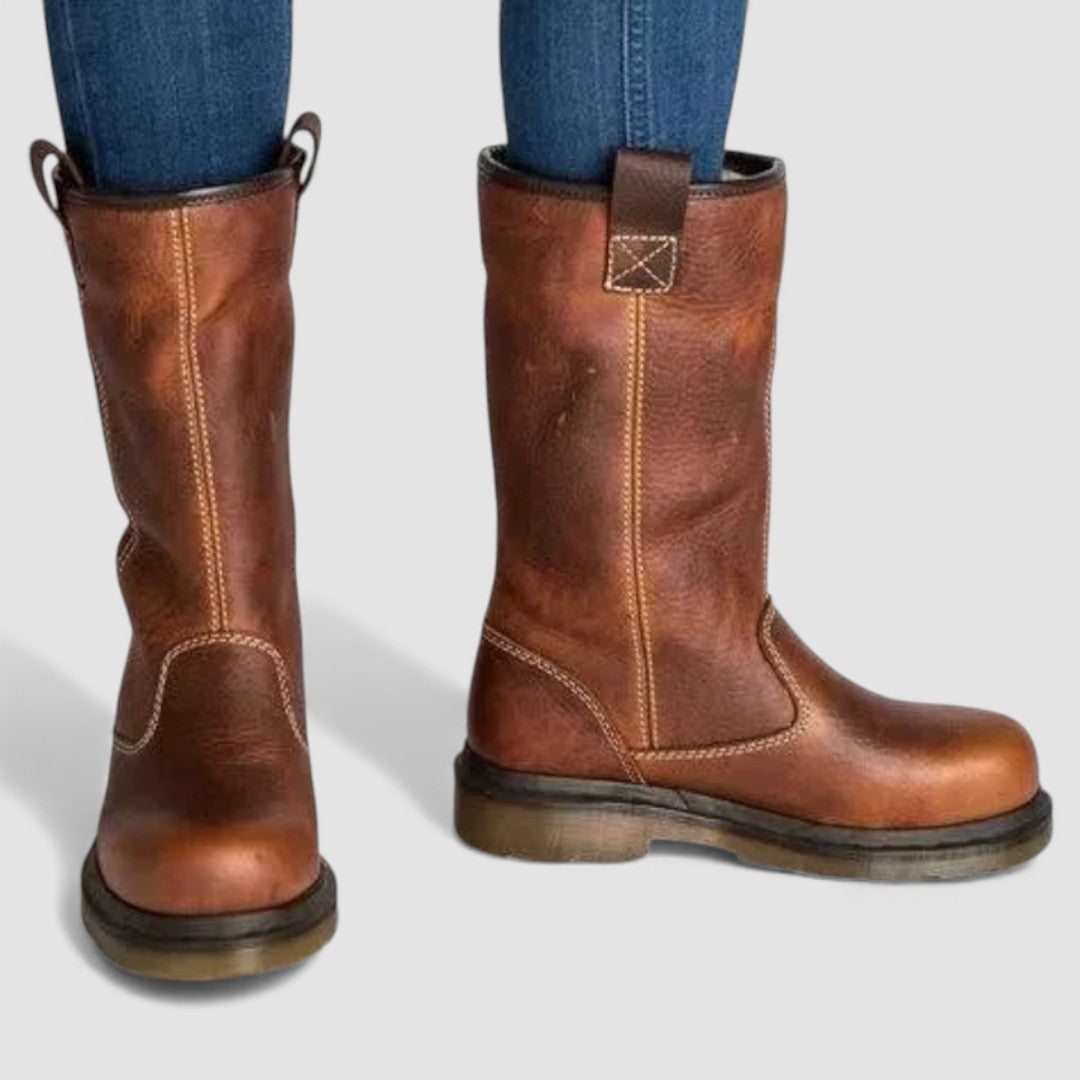 Damen Stiefel mit Zuglasche - Profilsohle Stiefel - Mittelhoher Schaft