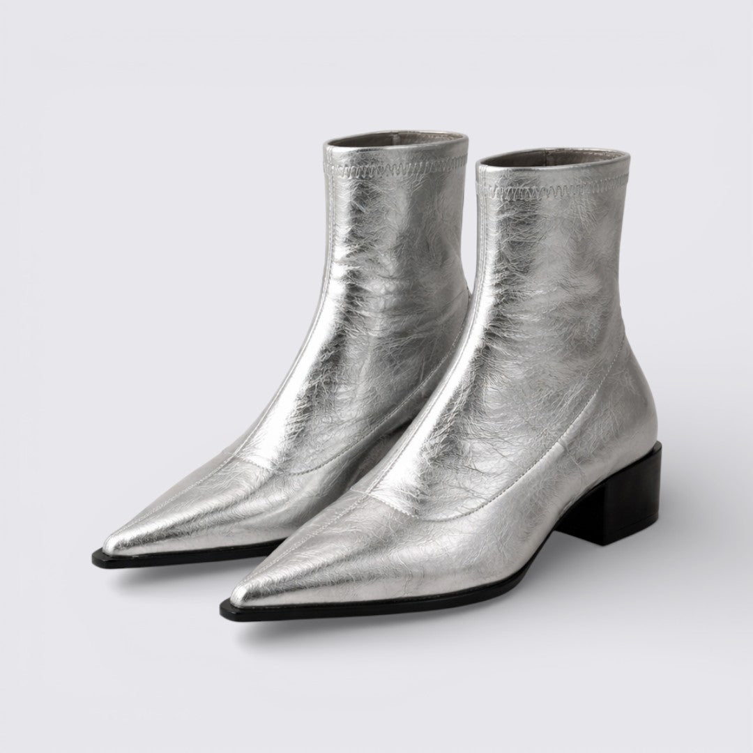 Damen Stiefelette mit Blockabsatz – Mittelhoher Schaft – Spitze Form