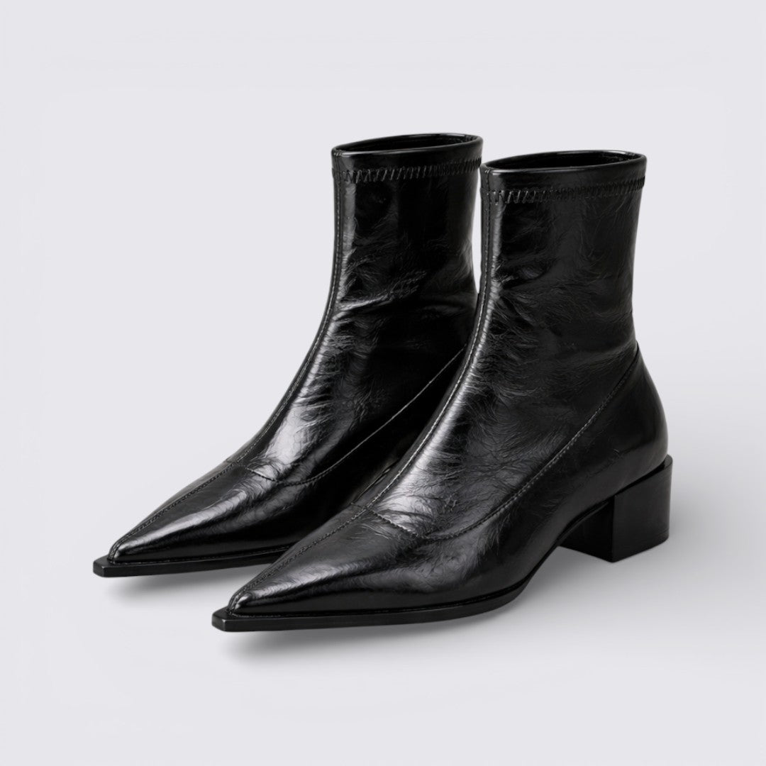 Damen Stiefelette mit Blockabsatz – Mittelhoher Schaft – Spitze Form