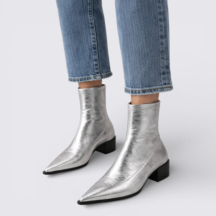 Damen Stiefelette mit Blockabsatz – Mittelhoher Schaft – Spitze Form