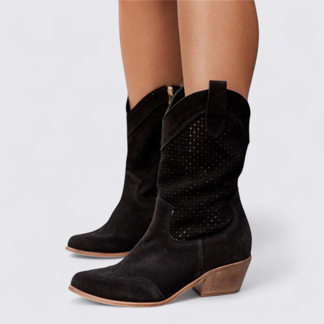 Damen Stiefeletten mit Lochmuster – Knöchelhohe Stiefel – Blockabsatz