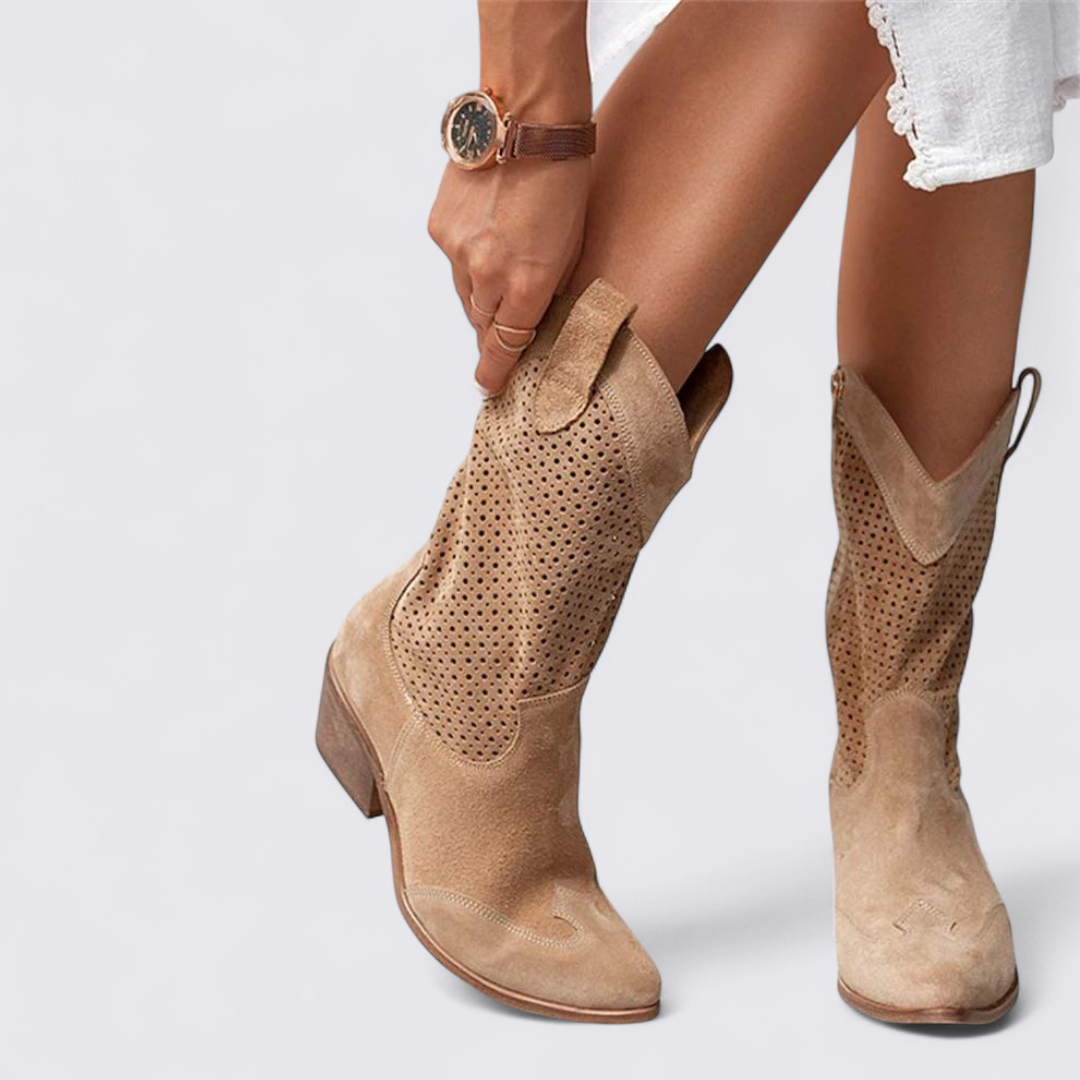 Damen Stiefeletten mit Lochmuster – Knöchelhohe Stiefel – Blockabsatz