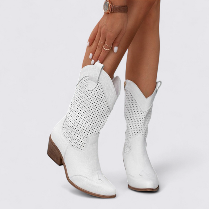 Damen Stiefeletten mit Lochmuster – Knöchelhohe Stiefel – Blockabsatz