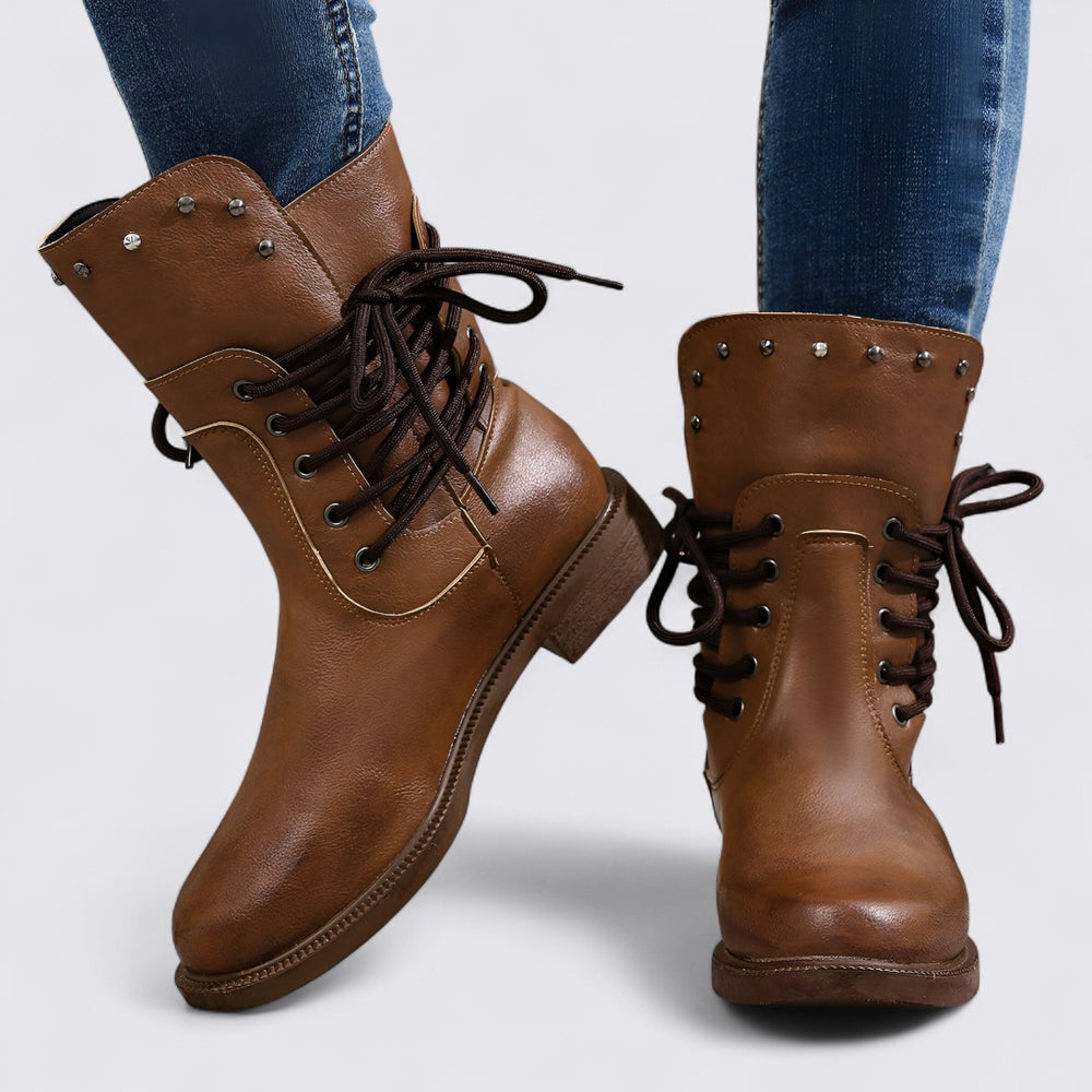 Damen Stiefeletten mit Schnürung – Blockabsatz – Nieten Details