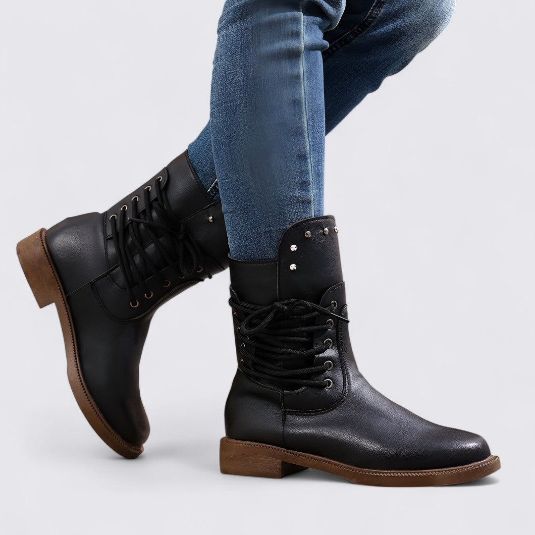 Damen Stiefeletten mit Schnürung – Blockabsatz – Nieten Details