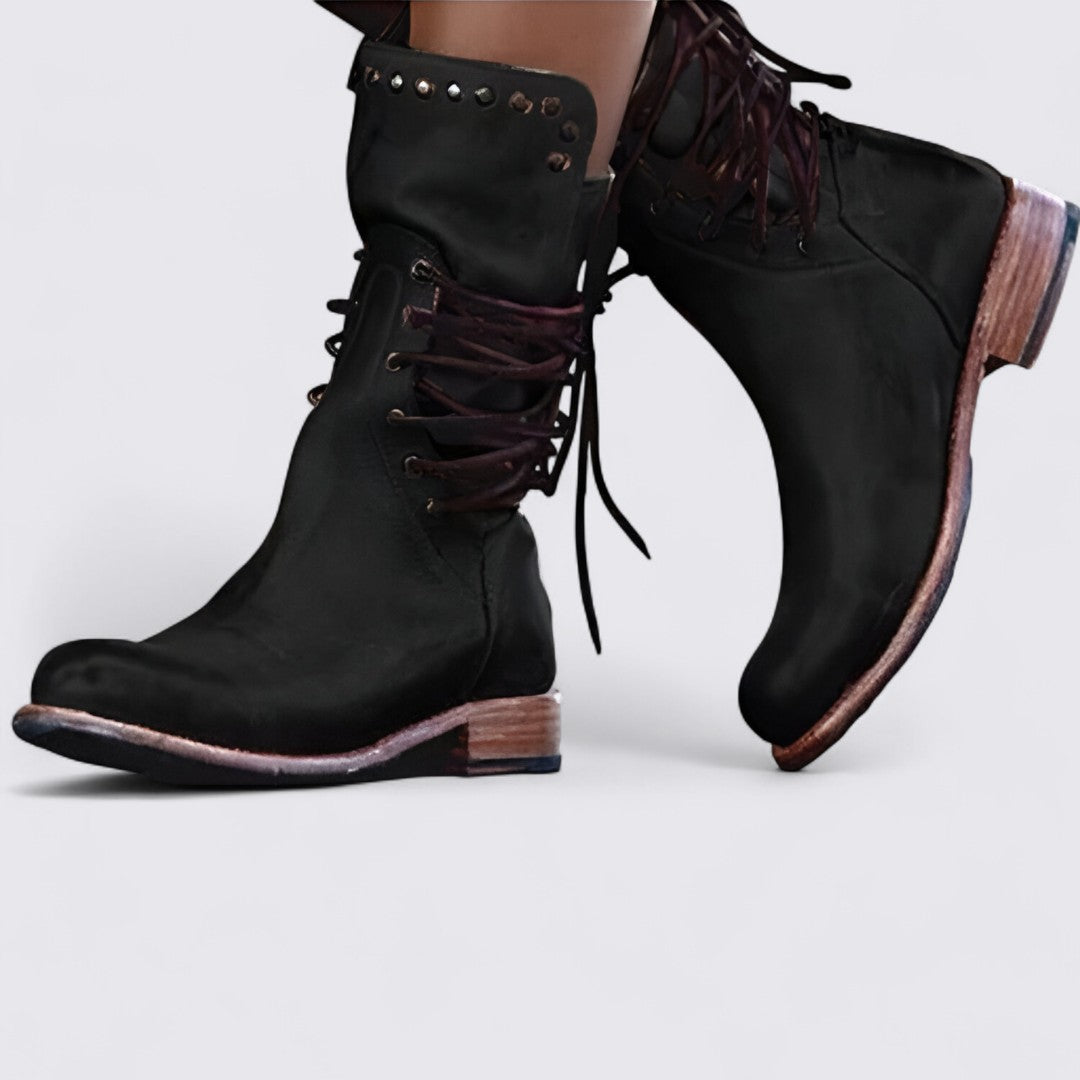 Damen Stiefeletten mit Schnürung – Blockabsatz – Nieten Details