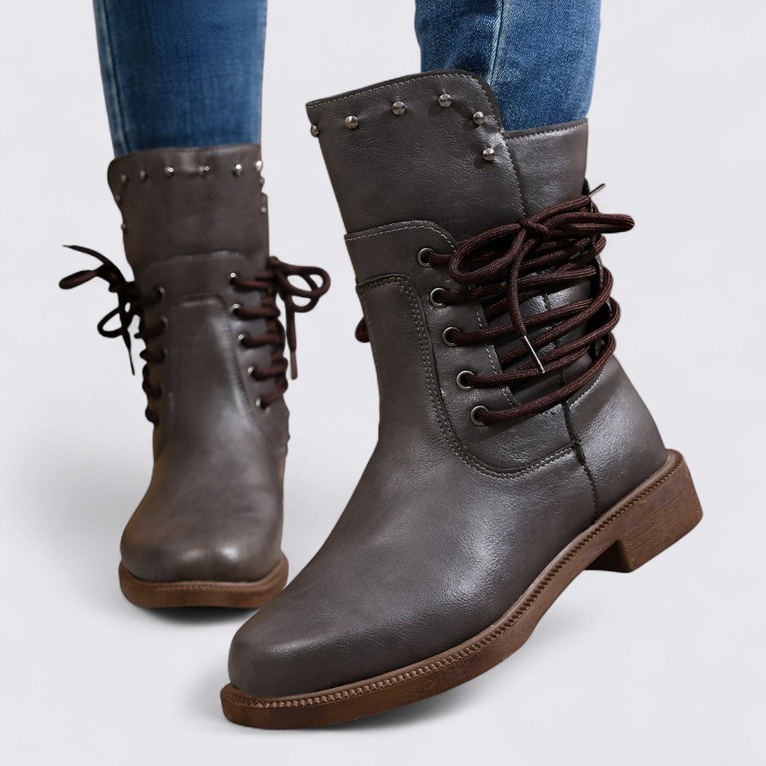 Damen Stiefeletten mit Schnürung – Blockabsatz – Nieten Details