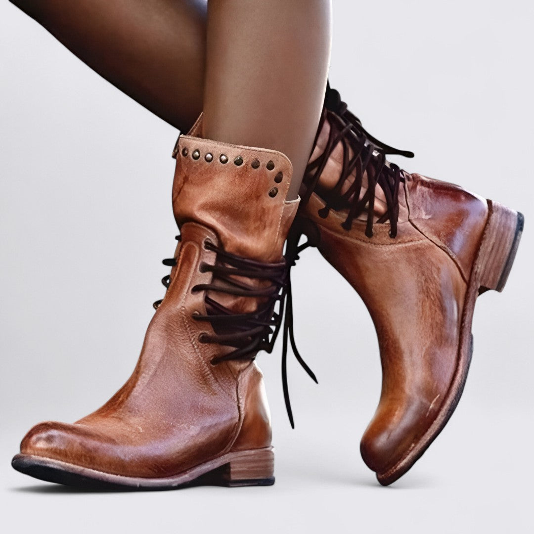 Damen Stiefeletten mit Schnürung – Blockabsatz – Nieten Details