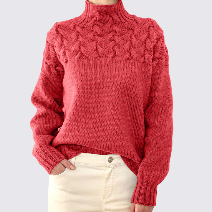 Damen Strick Pullover mit Stehkragen – Zopfmuster Oben – Warm