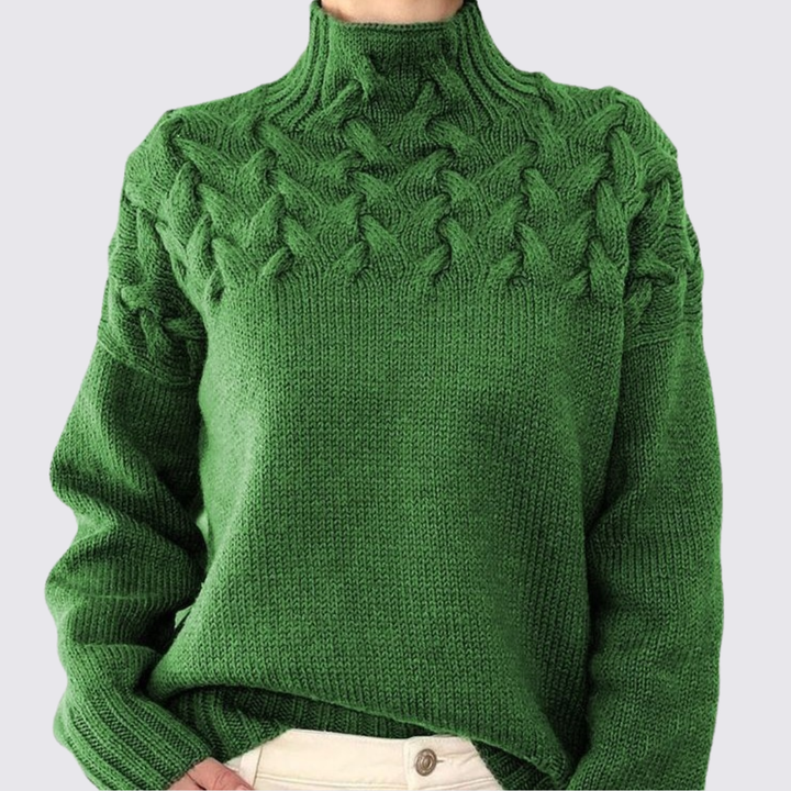 Damen Strick Pullover mit Stehkragen – Zopfmuster Oben – Warm