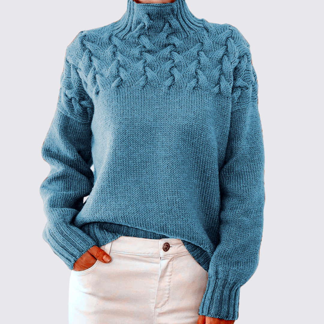 Damen Strick Pullover mit Stehkragen – Zopfmuster Oben – Warm