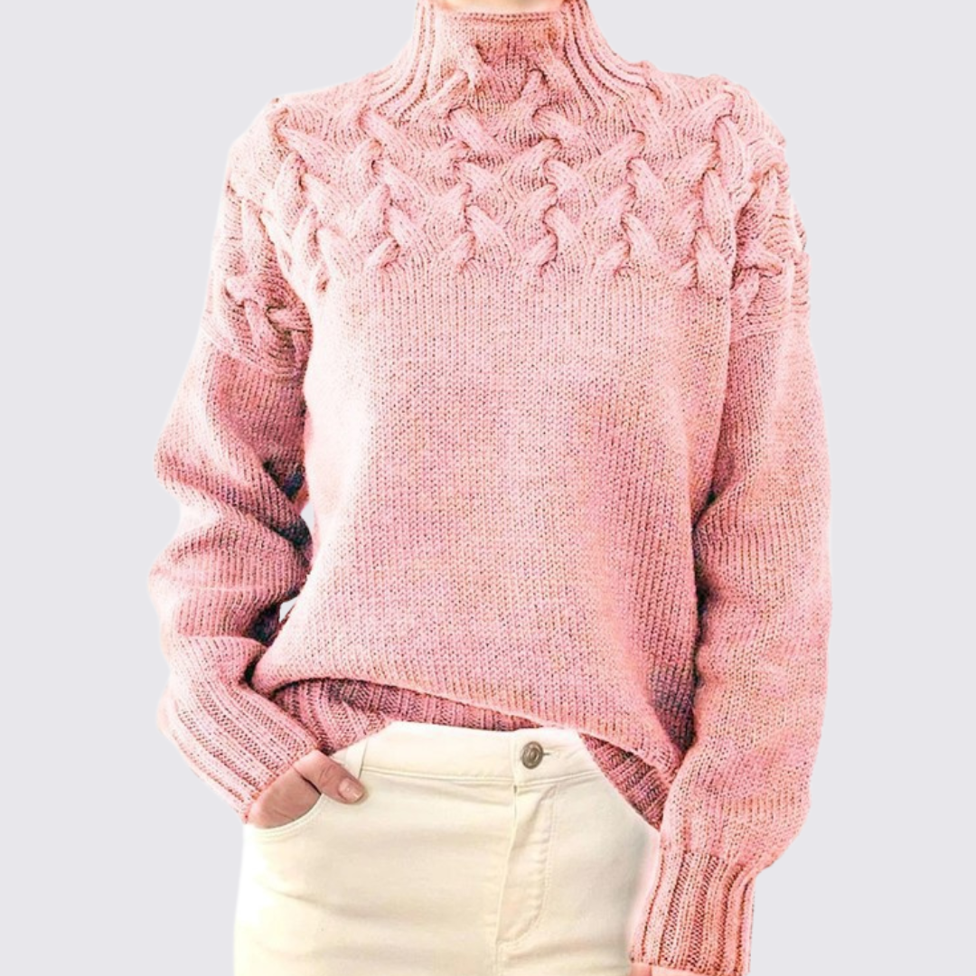 Damen Strick Pullover mit Stehkragen – Zopfmuster Oben – Warm