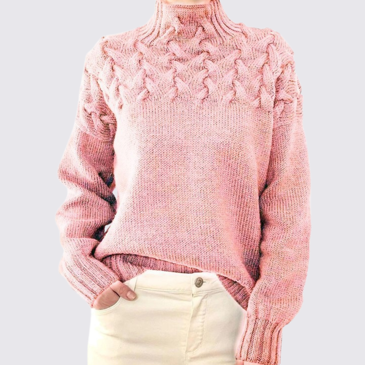 Damen Strick Pullover mit Stehkragen – Zopfmuster Oben – Warm