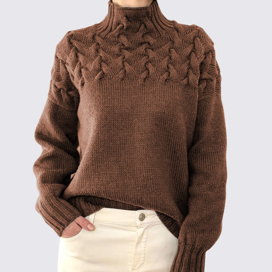 Damen Strick Pullover mit Stehkragen – Zopfmuster Oben – Warm