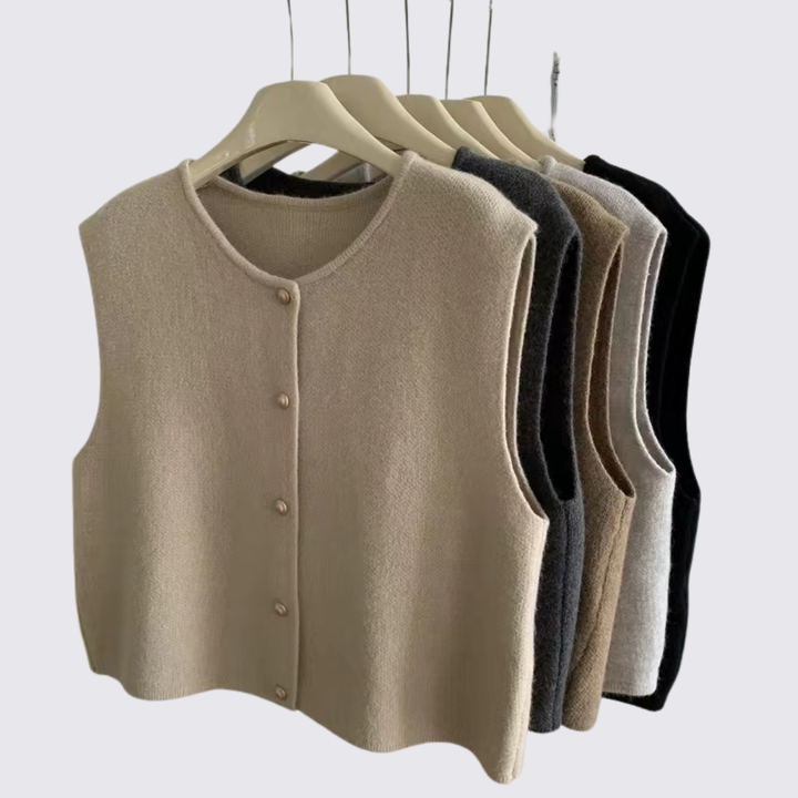 Damen Strick Weste mit Knopfleiste – Ärmellose Weste – Locker Geschnitten